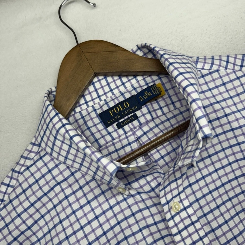 Polo Ralph Lauren Oxford Shirt Mens XL 18 Blue Purple Plaid Check Down OCBD